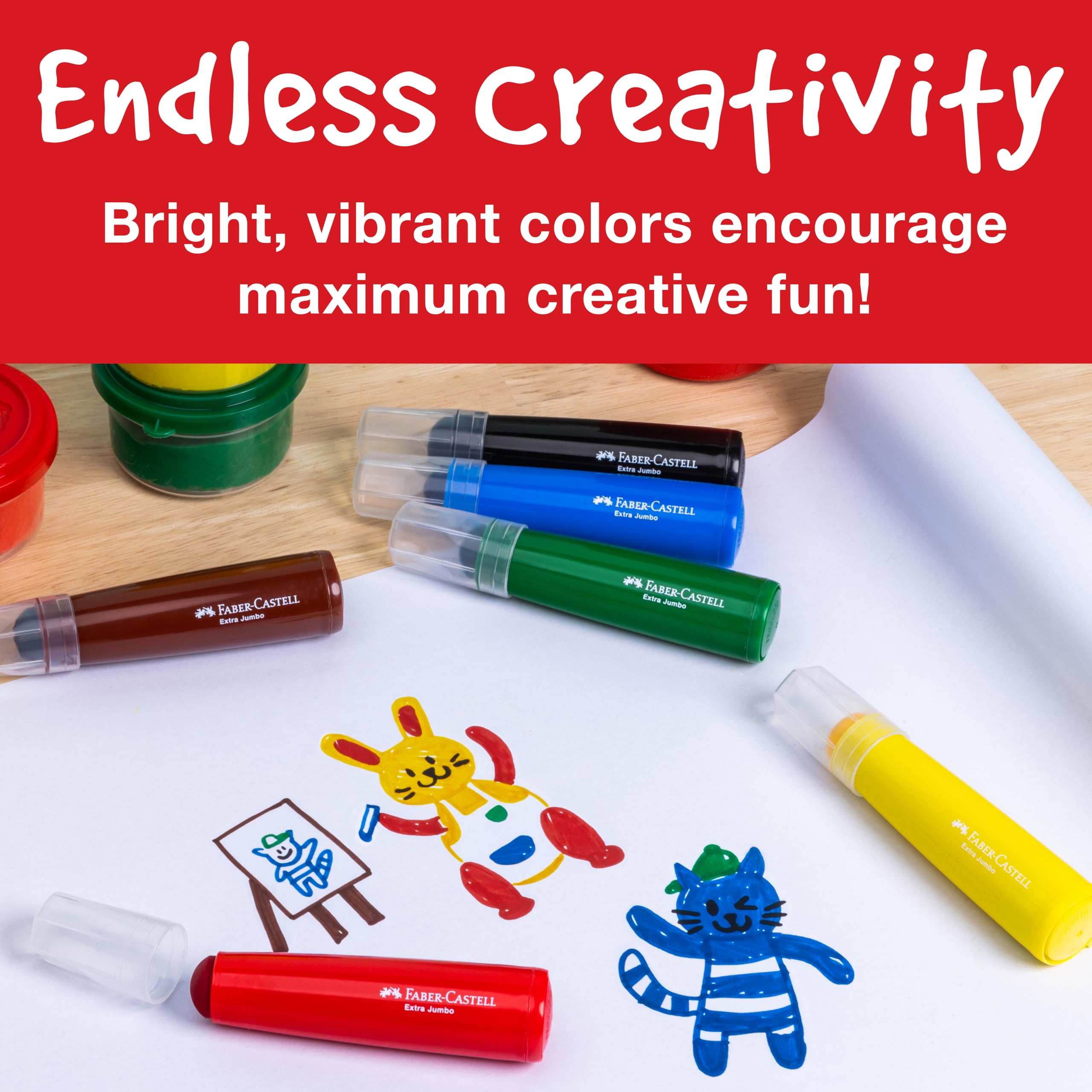 Faber-Castell Little Creatives 6-Count Extra Jumbo Washable Markers – Non-Toxic, Crush-Proof Tips for Toddlers Ages 3+
