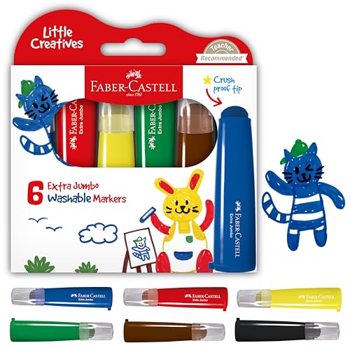 Faber-Castell Little Creatives 6-Count Extra Jumbo Washable Markers – Non-Toxic, Crush-Proof Tips for Toddlers Ages 3+