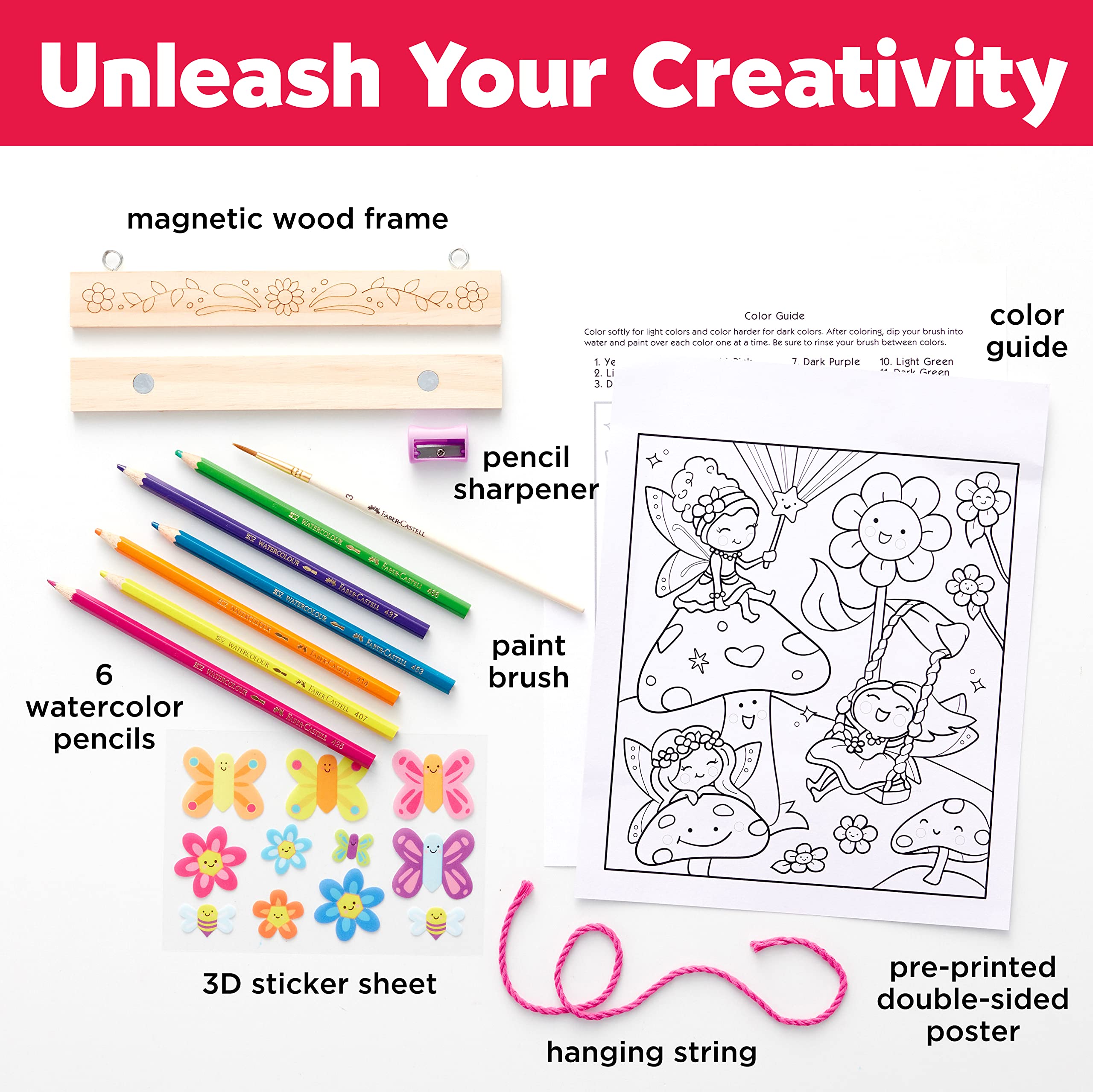 Faber-Castell Paint by Number Fairy Friends – Double-Sided Poster with Watercolor Pencils for Kids Ages 6+