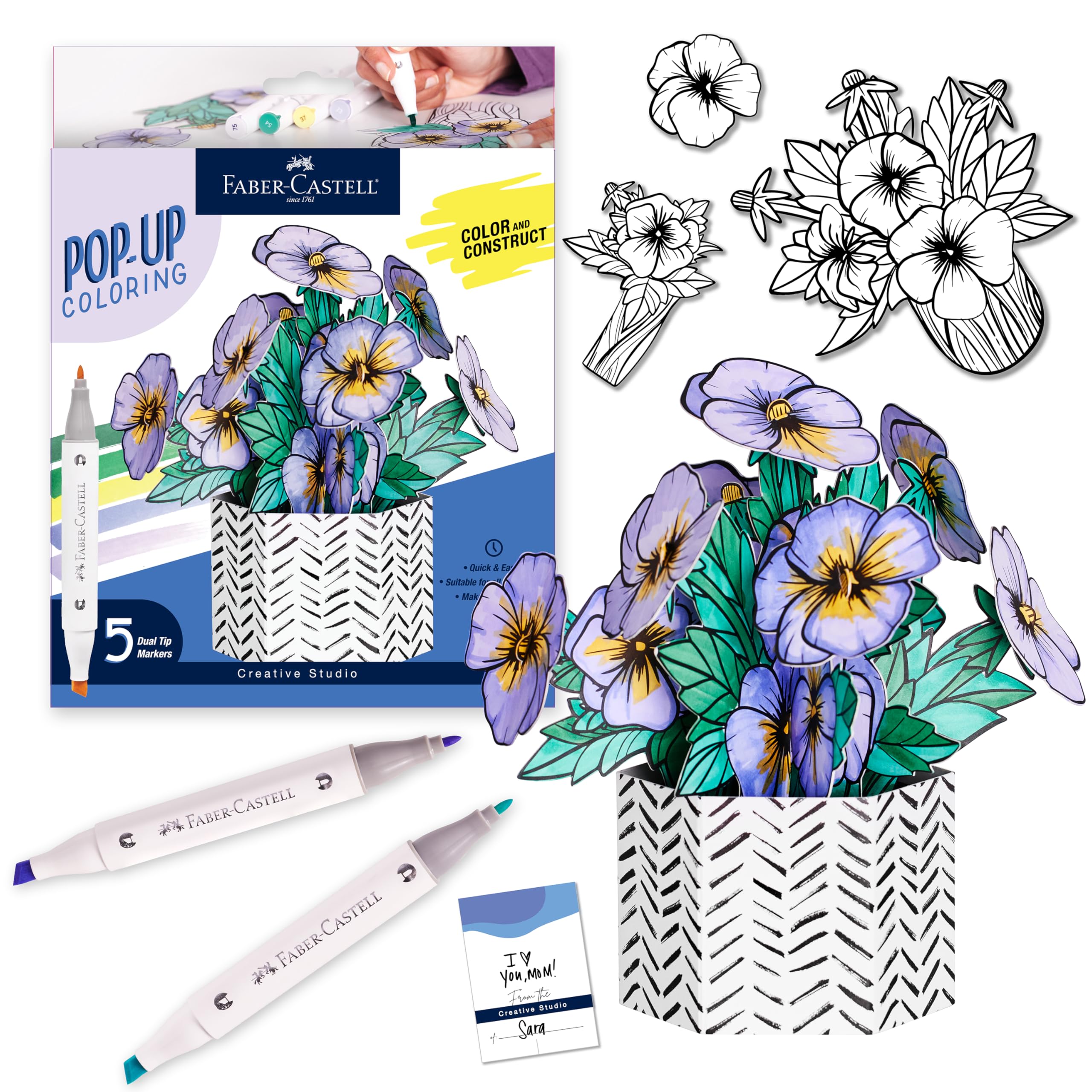 Faber-Castell Pop Up Coloring Bouquet: Pansy – 3D Adult Coloring Craft Kit with 5 Markers
