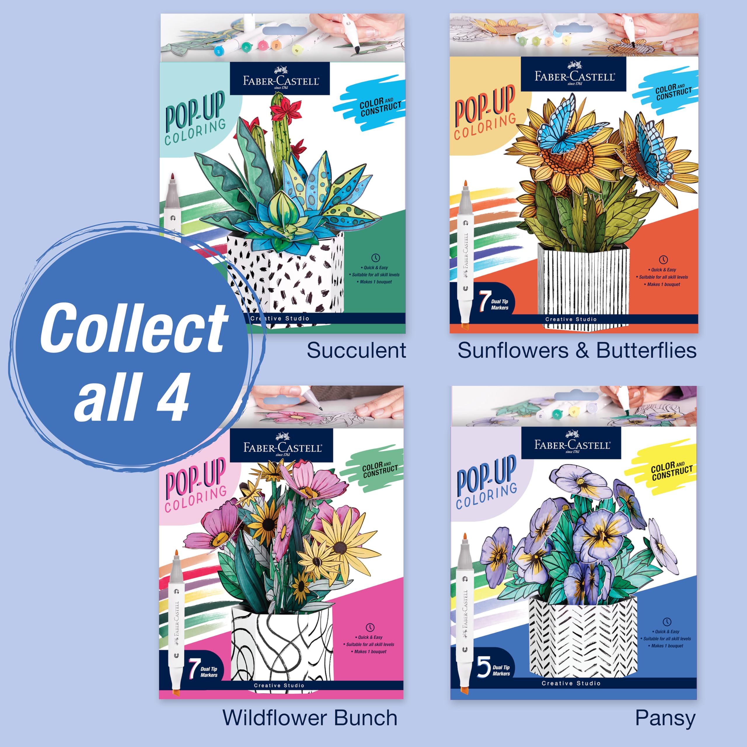 Faber-Castell Pop Up Coloring Bouquet: Pansy – 3D Adult Coloring Craft Kit with 5 Markers