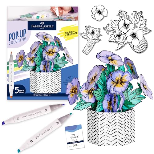 Faber-Castell Pop Up Coloring Bouquet: Pansy – 3D Adult Coloring Craft Kit with 5 Markers