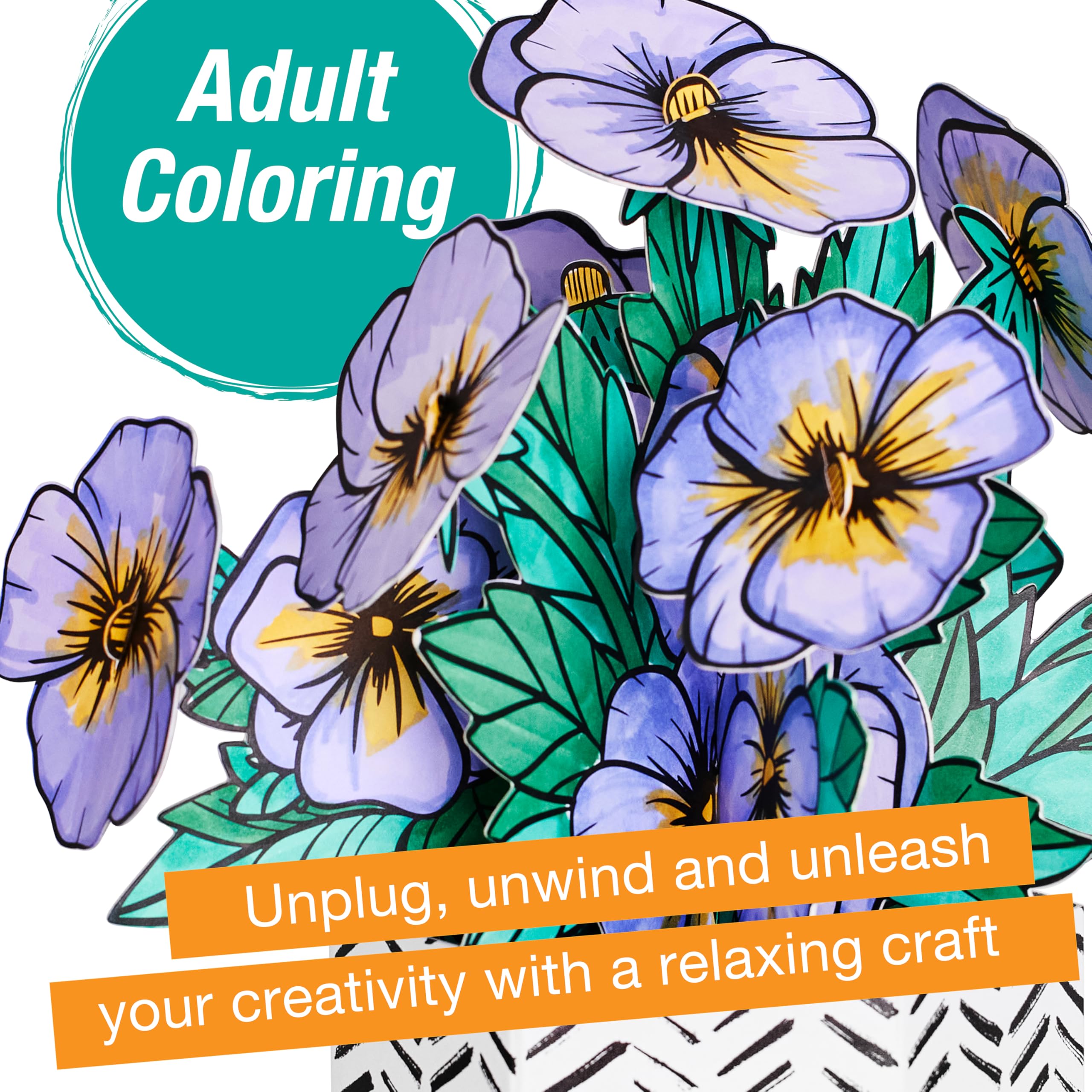 Faber-Castell Pop Up Coloring Bouquet: Pansy – 3D Adult Coloring Craft Kit with 5 Markers
