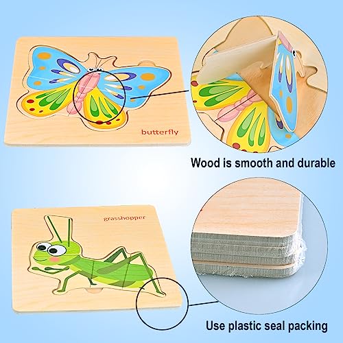 Faburo Wooden Puzzles for Toddlers 1-3 – 8 Insect Animal Shapes, Montessori Educational Toy
