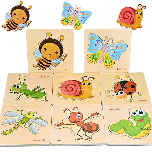 Faburo Wooden Puzzles for Toddlers 1-3 – 8 Insect Animal Shapes, Montessori Educational Toy