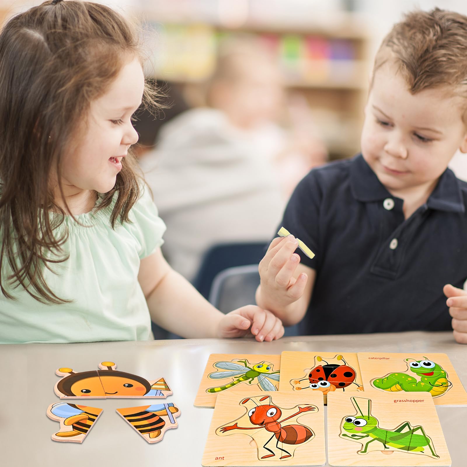 Faburo Wooden Puzzles for Toddlers 1-3 – 8 Insect Animal Shapes, Montessori Educational Toy