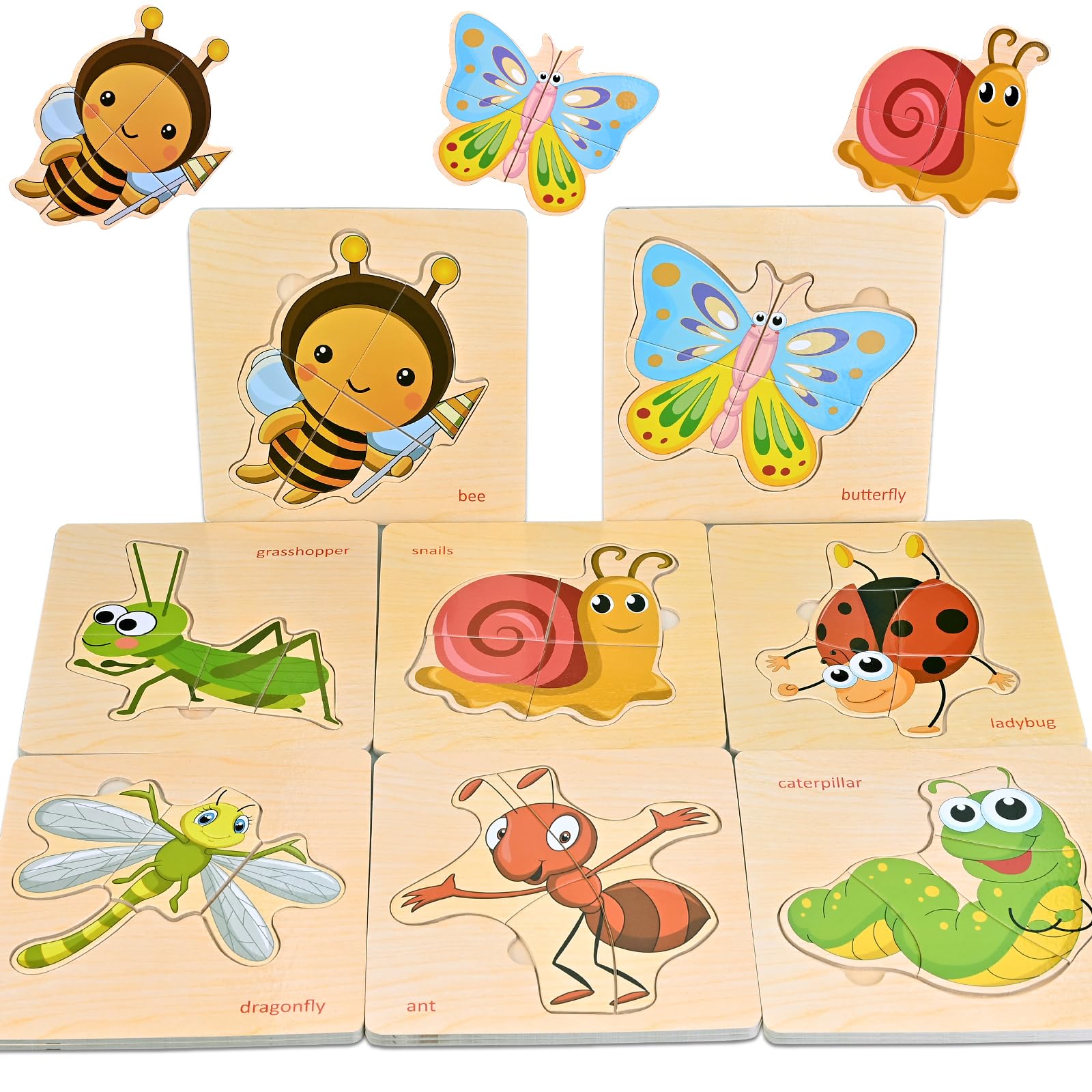 Faburo Wooden Puzzles for Toddlers 1-3 – 8 Insect Animal Shapes, Montessori Educational Toy