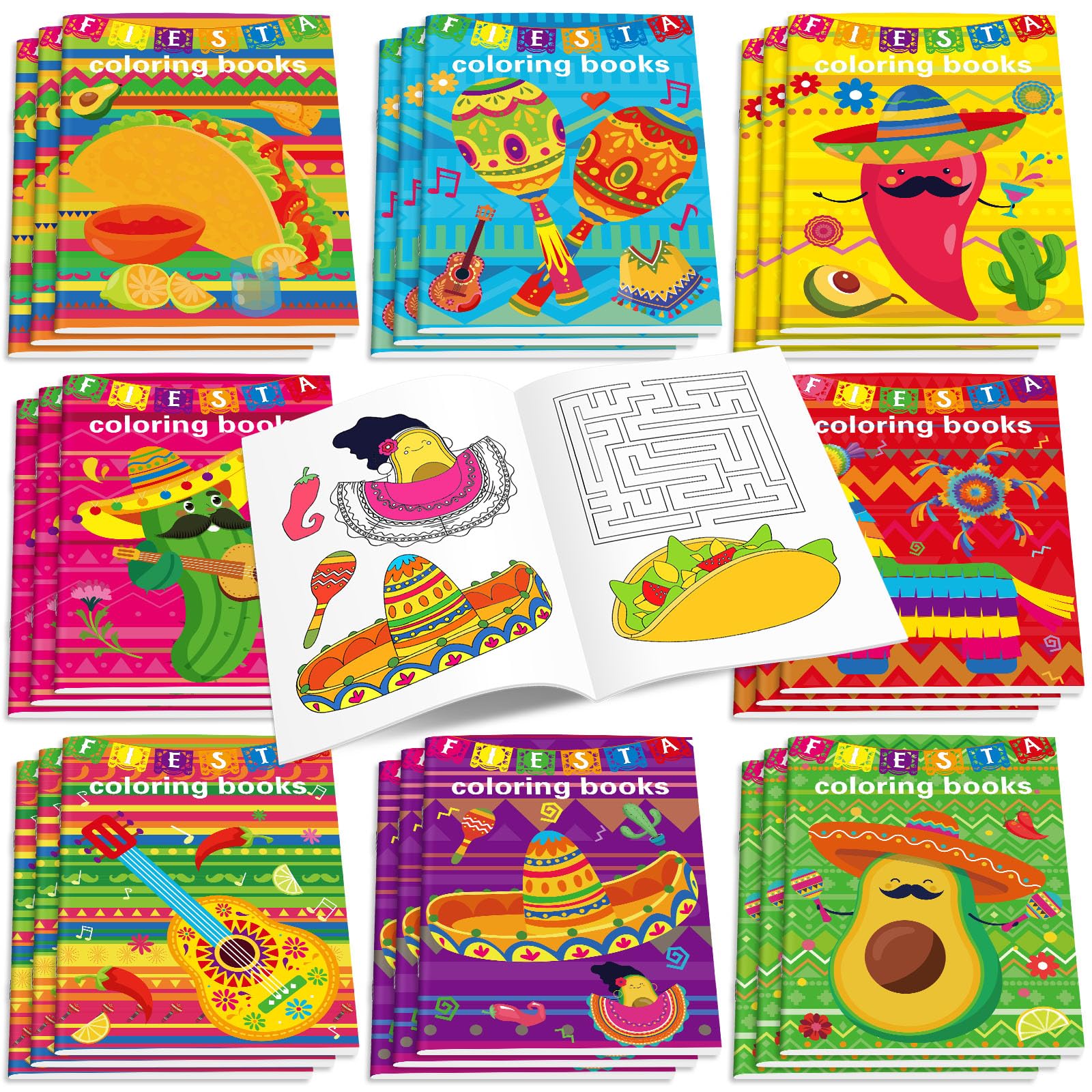 Faccito 24-Pack Mini Fiesta Coloring Books – Mexican Theme, 96 Patterns, Party Favors