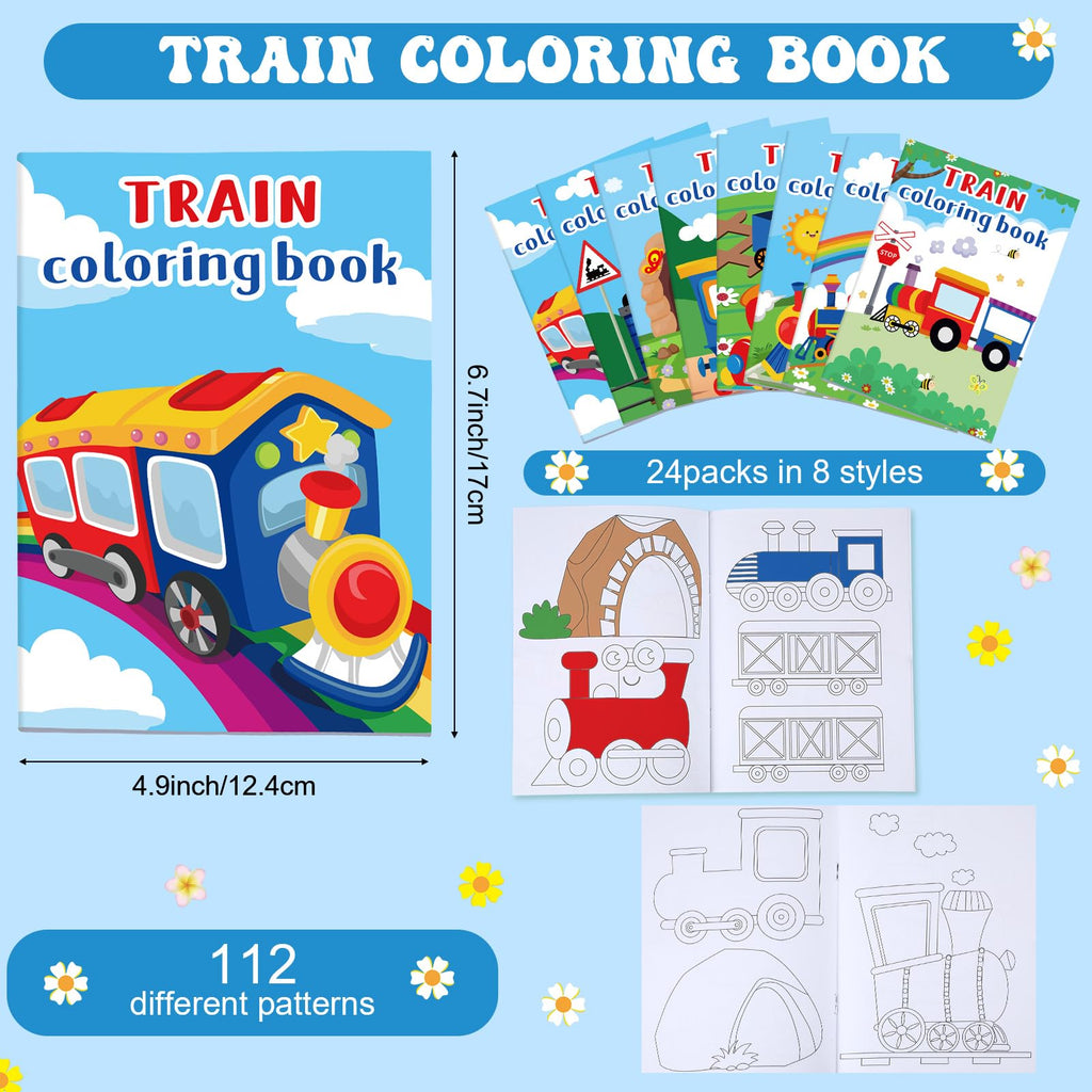Faccito 24-Pack Mini Train Coloring Books – 112 Patterns, Party Favors for Kids