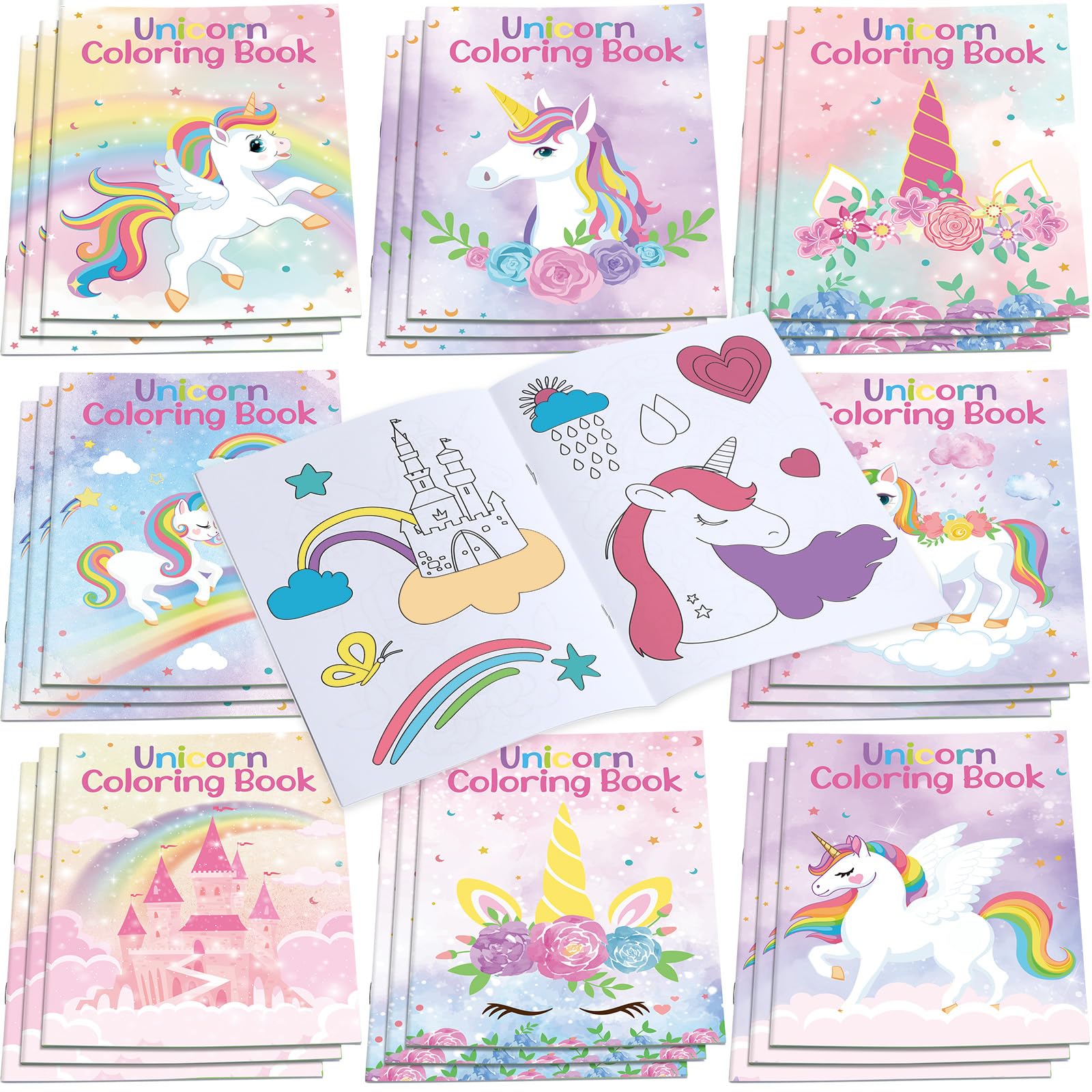 Faccito 24-Pack Mini Unicorn Coloring Books for Kids Party Favors, Toddler Activity Set – 8 Designs, 12 Pages Each