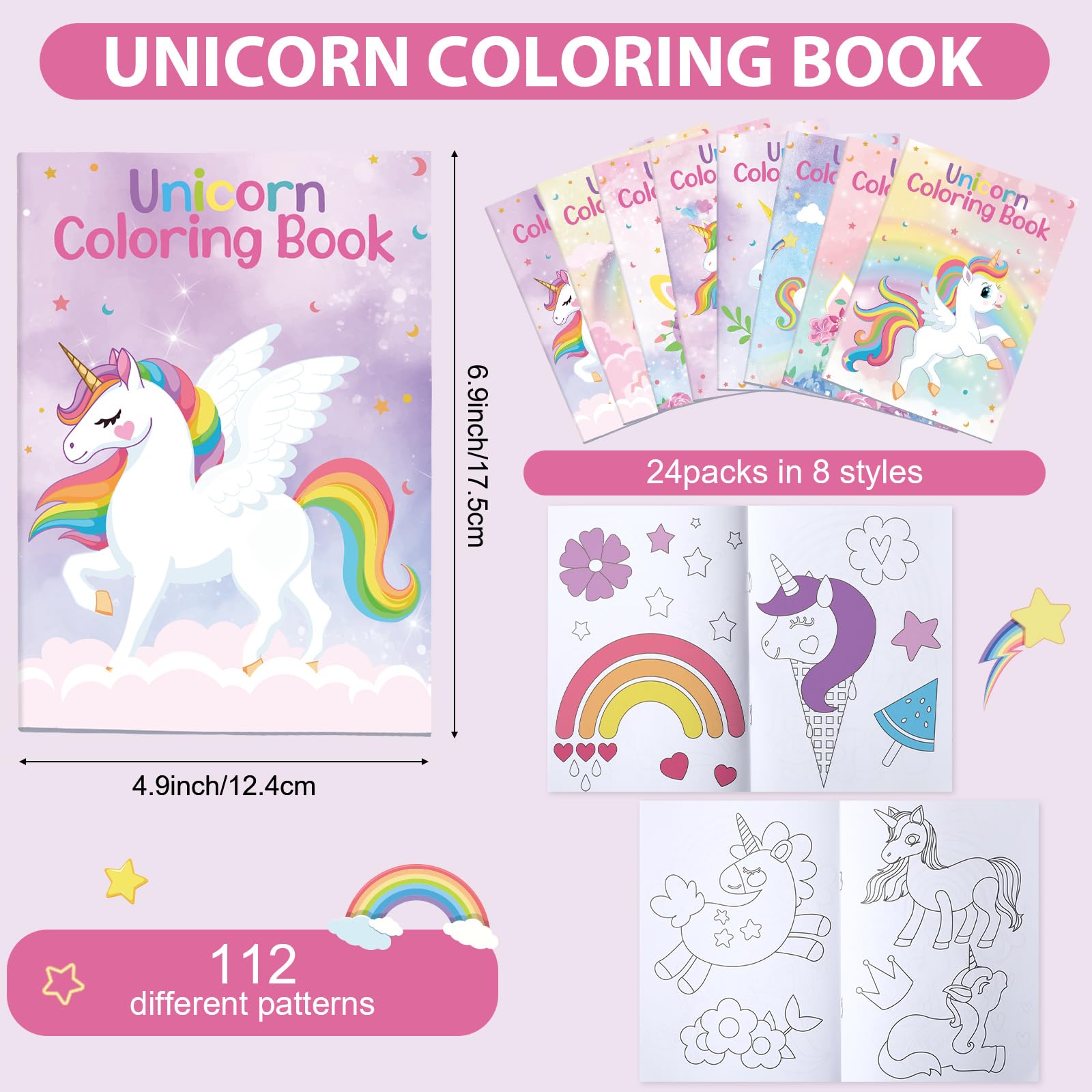 Faccito 24-Pack Mini Unicorn Coloring Books for Kids Party Favors, Toddler Activity Set – 8 Designs, 12 Pages Each