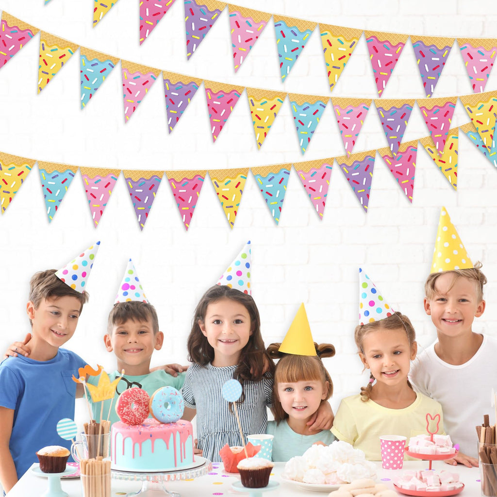 Faccito 5-Piece Donut Ice Cream Paper Pennant Banners - 9.84ft Each, Pre-Assembled Triangle Flags for Party Decorations