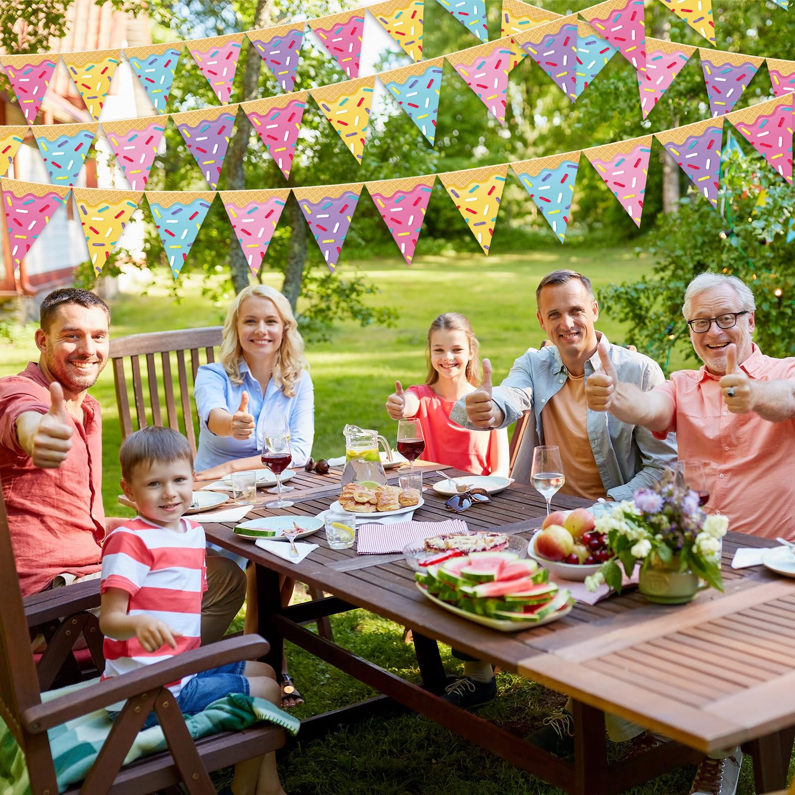 Faccito 5-Piece Donut Ice Cream Paper Pennant Banners - 9.84ft Each, Pre-Assembled Triangle Flags for Party Decorations