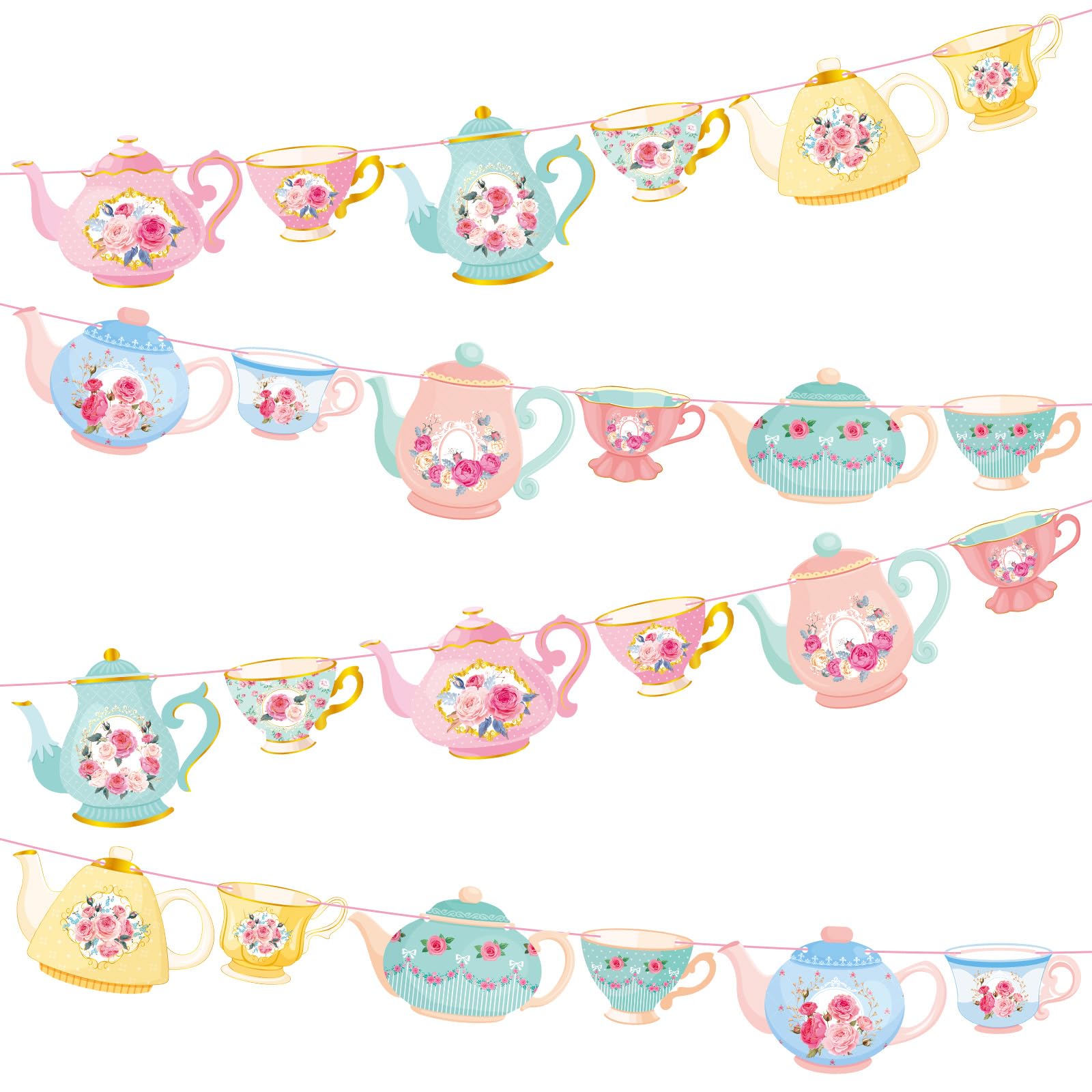 Faccito 5-Piece Vintage Teapot Tea Party Banner Set – Double-Sided Floral Paper Decor for Bridal Shower Birthday