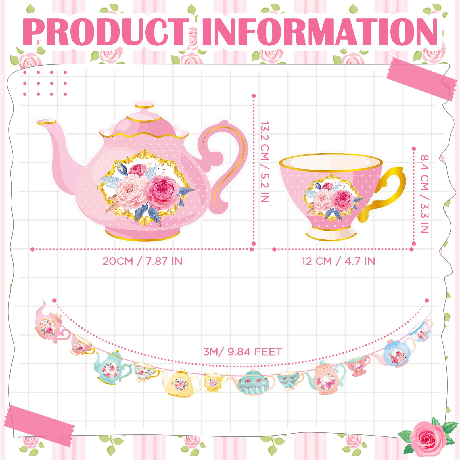 Faccito 5-Piece Vintage Teapot Tea Party Banner Set – Double-Sided Floral Paper Decor for Bridal Shower Birthday