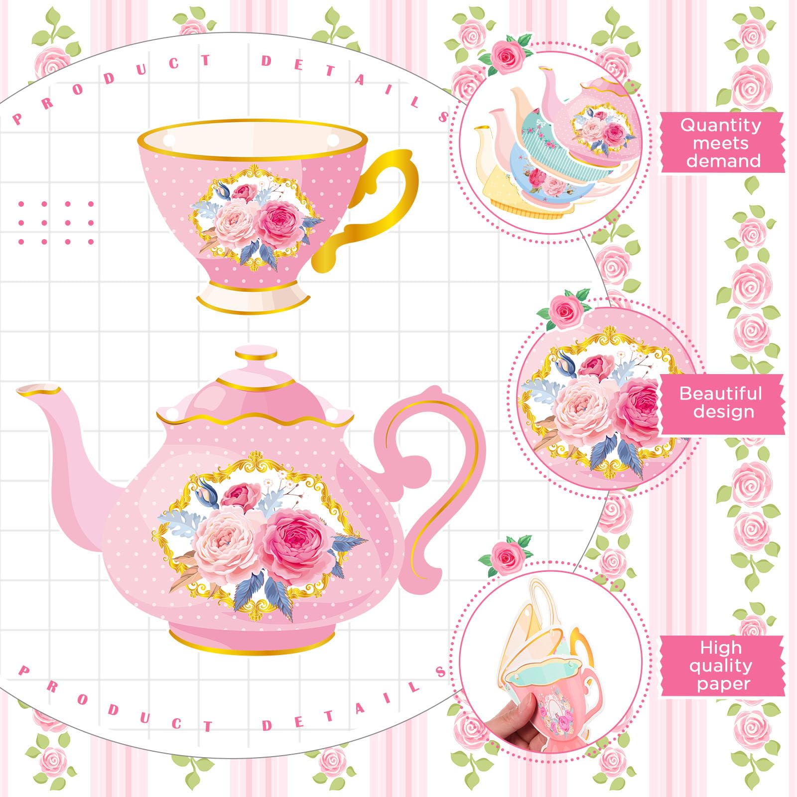 Faccito 5-Piece Vintage Teapot Tea Party Banner Set – Double-Sided Floral Paper Decor for Bridal Shower Birthday