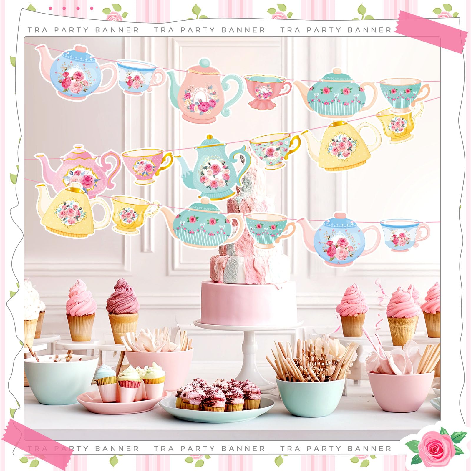 Faccito 5-Piece Vintage Teapot Tea Party Banner Set – Double-Sided Floral Paper Decor for Bridal Shower Birthday
