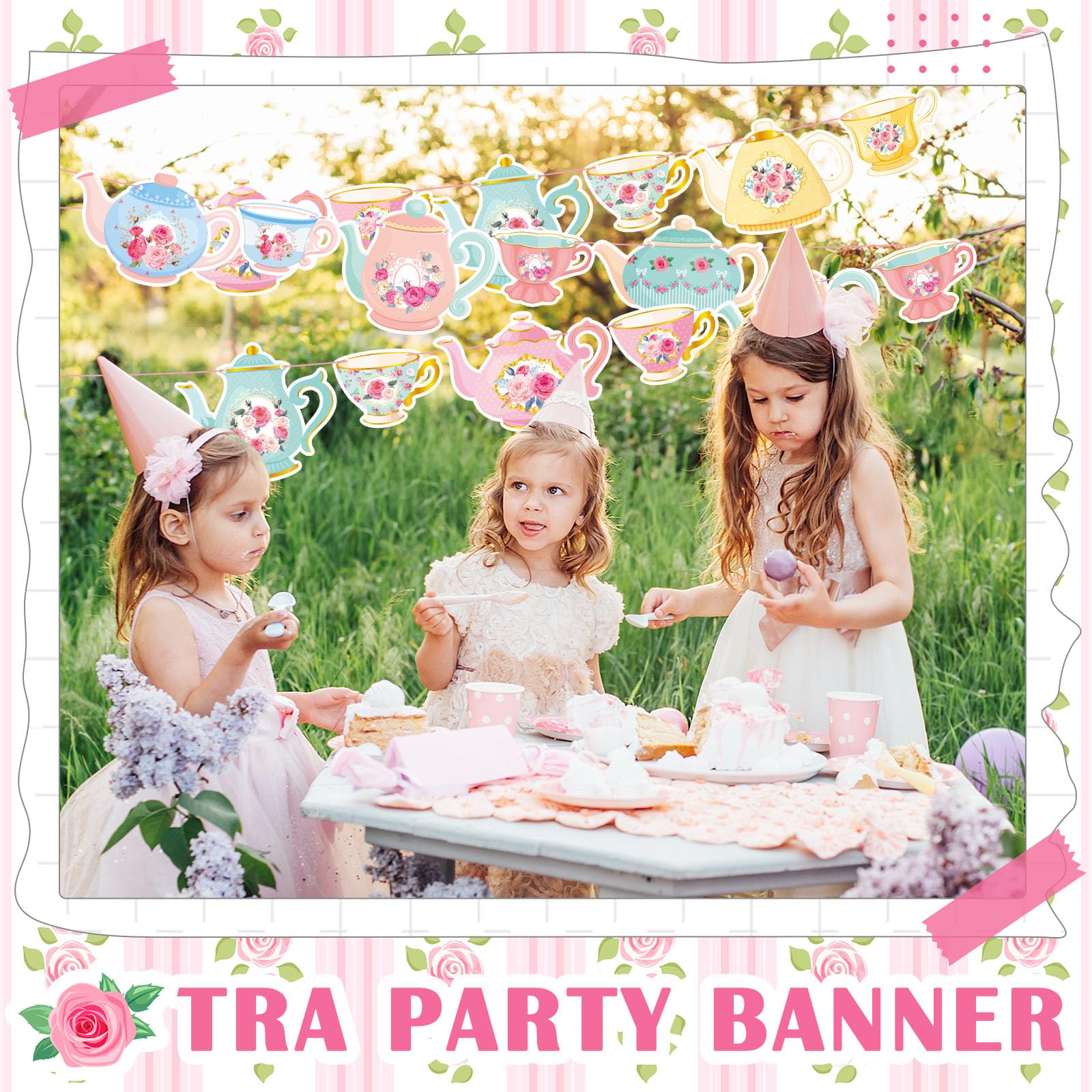 Faccito 5-Piece Vintage Teapot Tea Party Banner Set – Double-Sided Floral Paper Decor for Bridal Shower Birthday