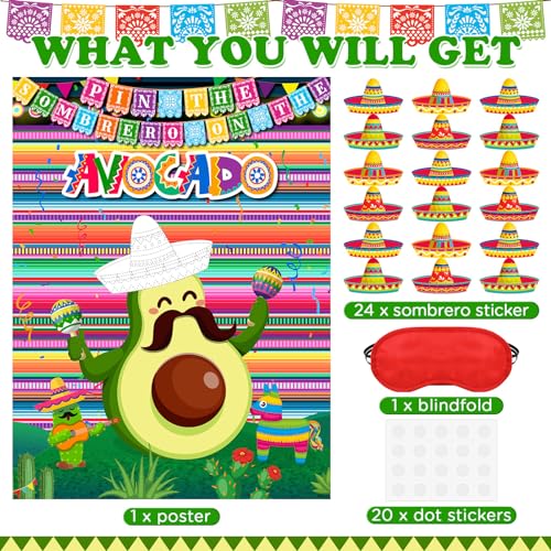 Faccito Avocado Pin the Sombrero Game Kit - Mexican Fiesta Party Supplies with 24 Stickers, Blindfold, and 21x28 Inch Poster for Cinco de Mayo and Birthday Parties