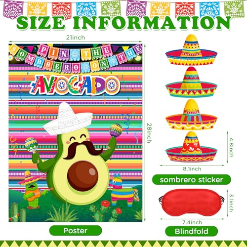 Faccito Avocado Pin the Sombrero Game Kit - Mexican Fiesta Party Supplies with 24 Stickers, Blindfold, and 21x28 Inch Poster for Cinco de Mayo and Birthday Parties