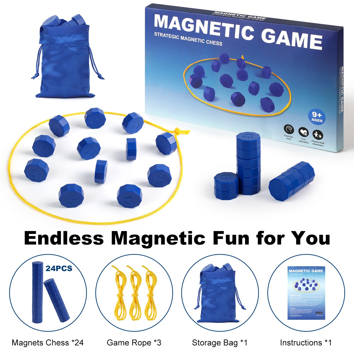 Faigcoy Magnetic Chess Game – 24 Full-Size Stones with 3 Ropes and Travel Bag for Indoor/Outdoor Family Fun