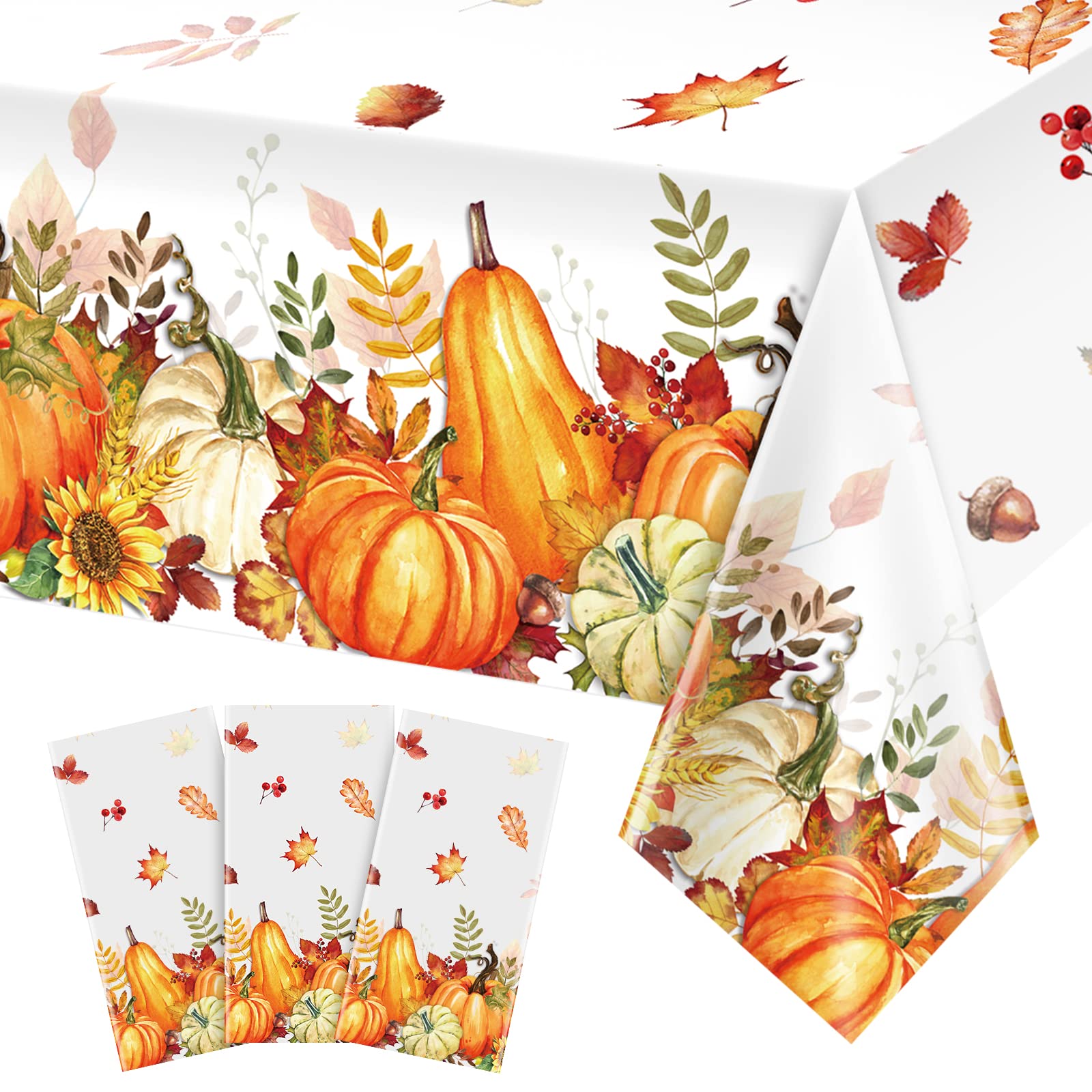 Fall Pumpkin Tablecloth 3-Pack | Plastic Vintage Thanksgiving Decor 54x108 Inches