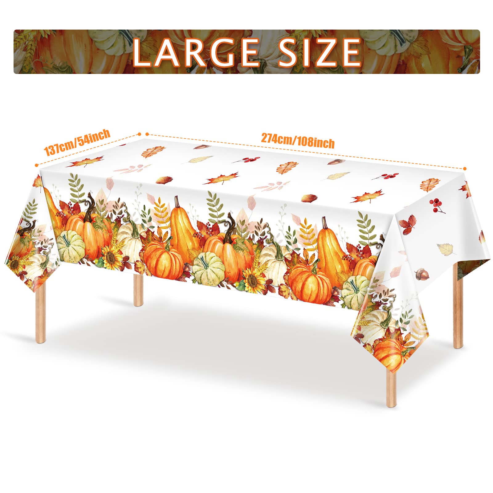 Fall Pumpkin Tablecloth 3-Pack | Plastic Vintage Thanksgiving Decor 54x108 Inches