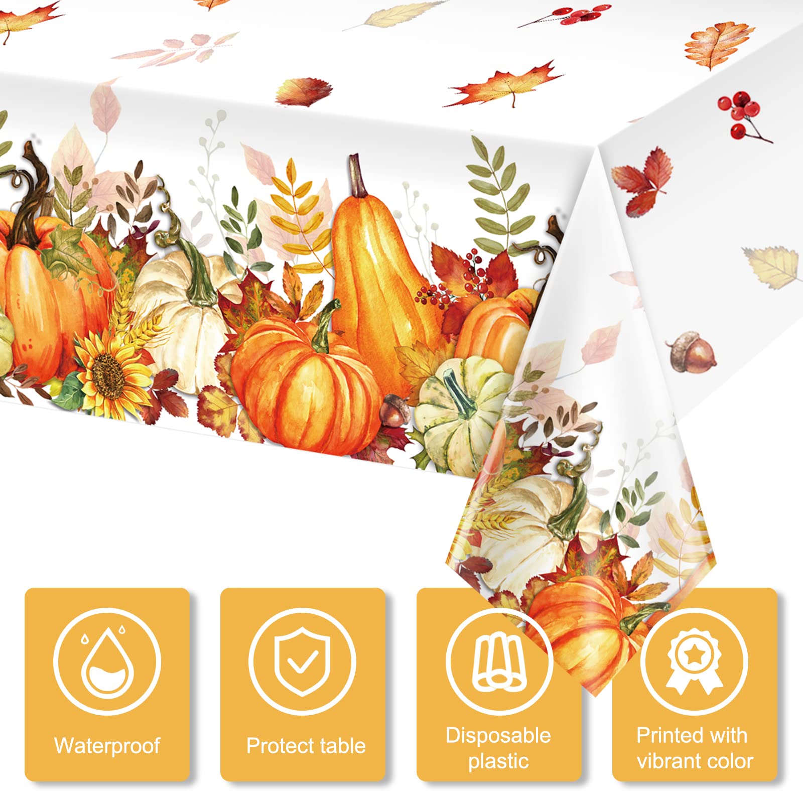 Fall Pumpkin Tablecloth 3-Pack | Plastic Vintage Thanksgiving Decor 54x108 Inches