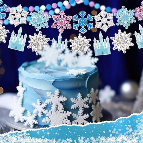 Fanfanwin 5-Piece Winter Snowflake Birthday Party Banner Set with Felt Garland – Blue and White