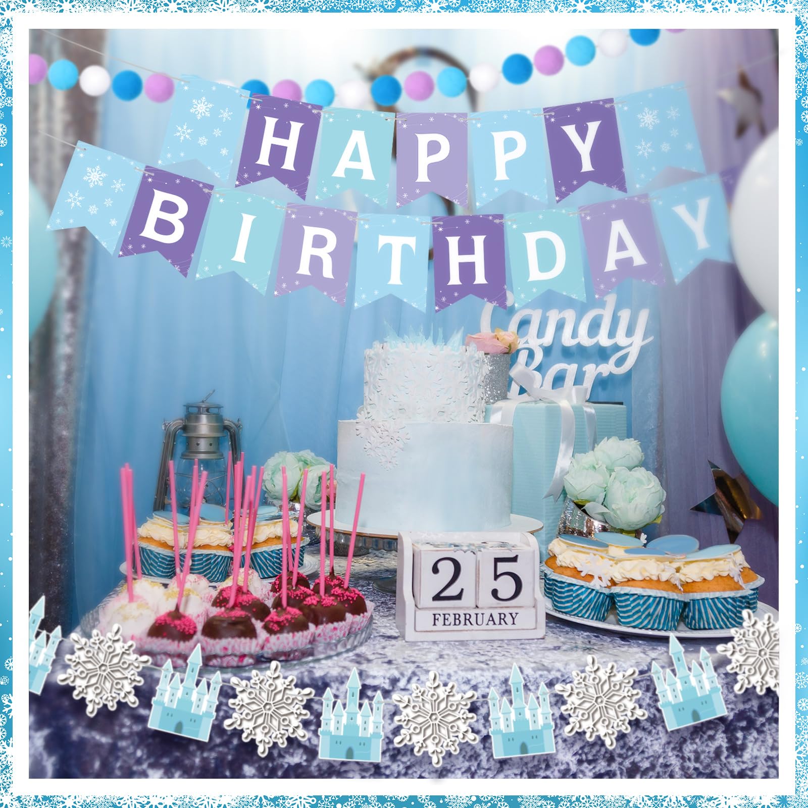 Fanfanwin 5-Piece Winter Snowflake Birthday Party Banner Set with Felt Garland – Blue and White