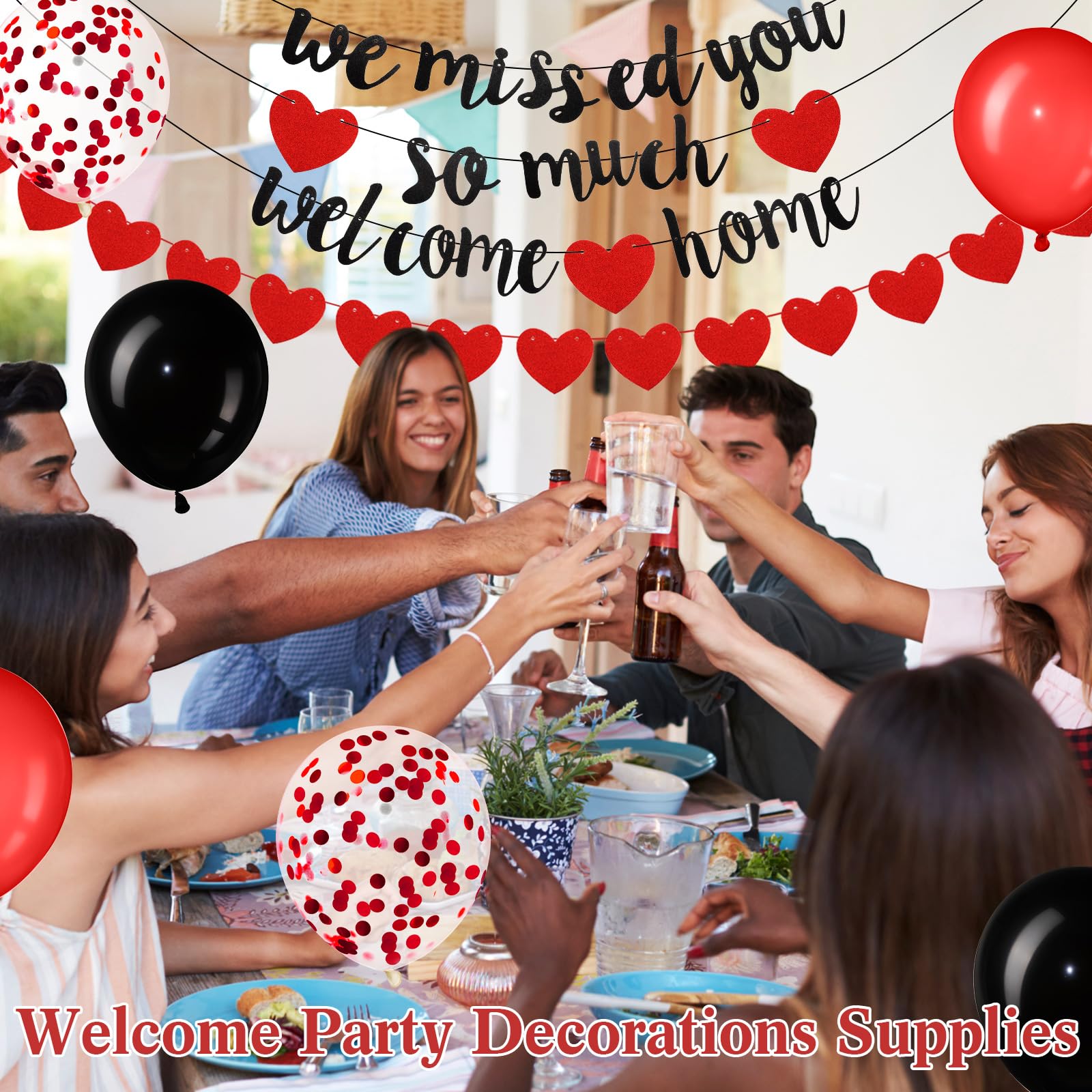 Fanfanwin Red Welcome Home Decorations Set – Banners, Garland, Balloons & Ribbon for Military Homecoming Party