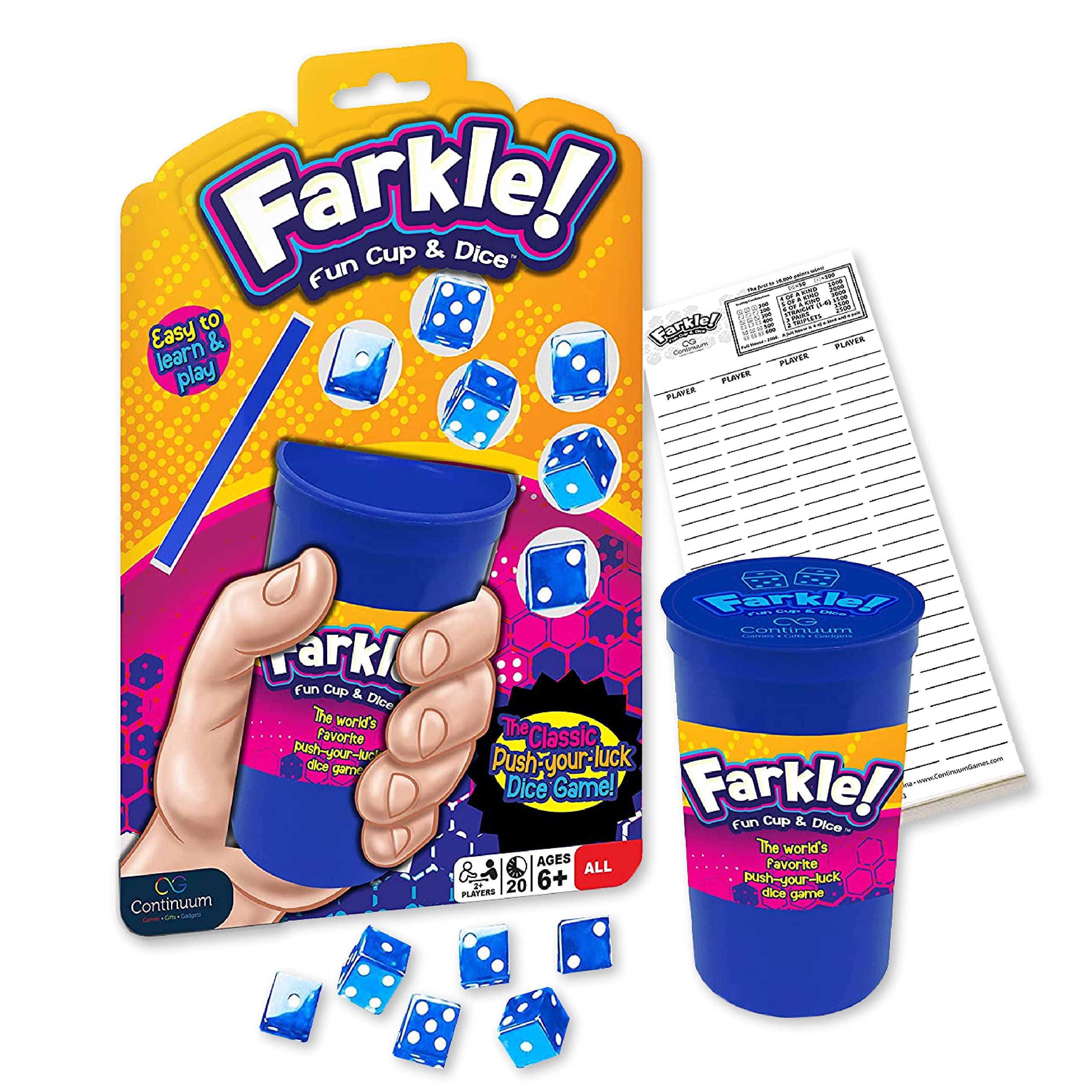 Farkle Fun Cup and Dice – Classic Push-Your-Luck Dice Game with Cup, 6 Dice & Scorepad
