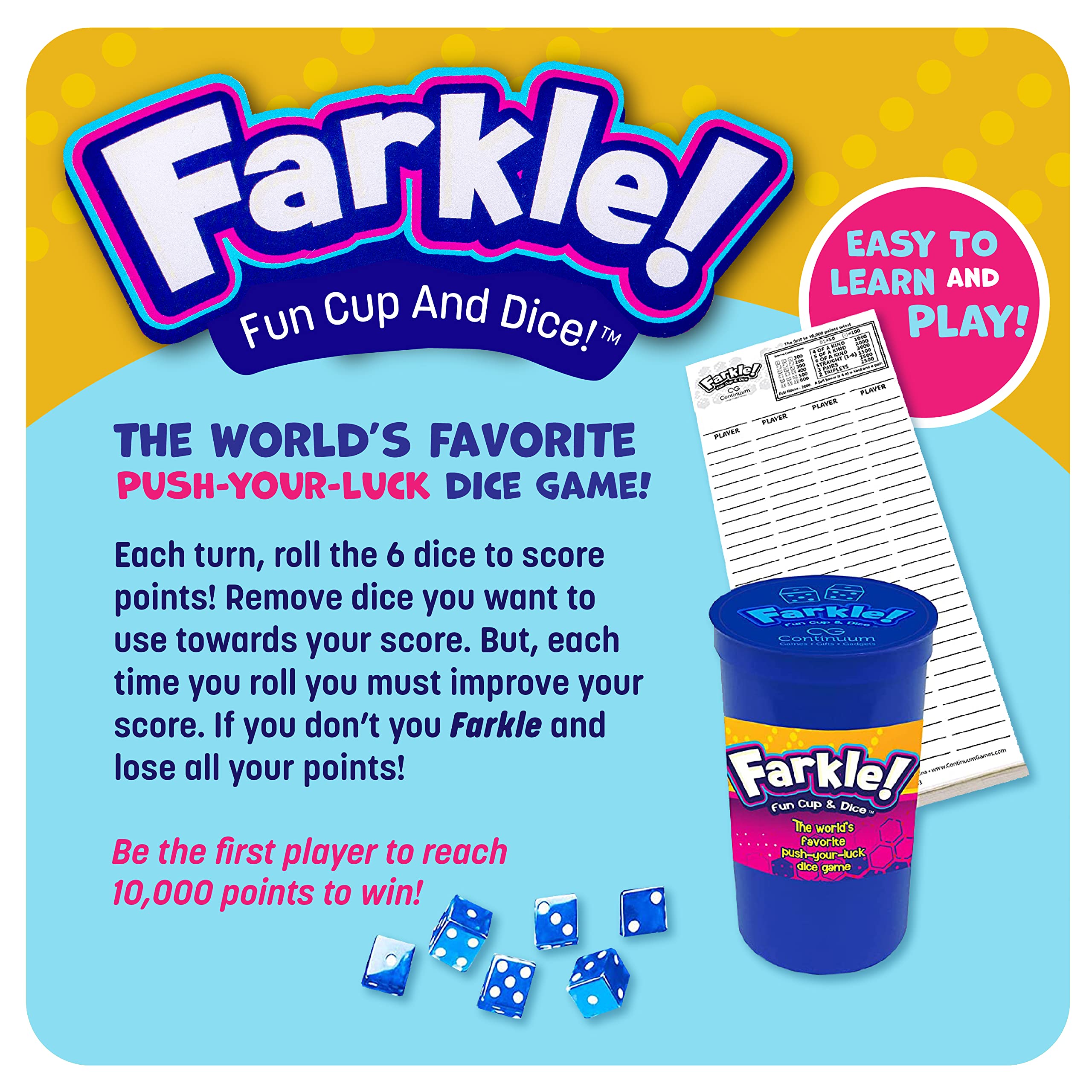 Farkle Fun Cup and Dice – Classic Push-Your-Luck Dice Game with Cup, 6 Dice & Scorepad