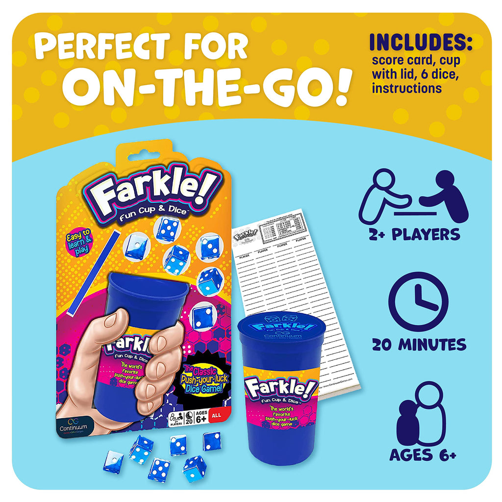 Farkle Fun Cup and Dice – Classic Push-Your-Luck Dice Game with Cup, 6 Dice & Scorepad