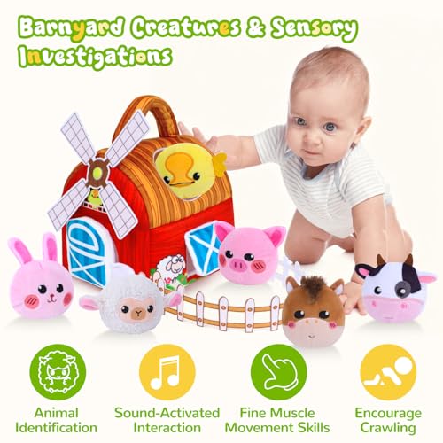 Farm Animal Sensory Toy Set for Babies 6-12 Months - Includes Windmill, Rattle, Crinkle, Mirror & More for Montessori Play