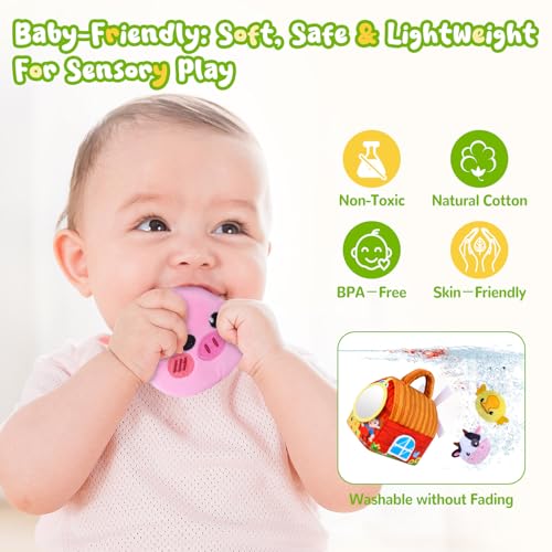 Farm Animal Sensory Toy Set for Babies 6-12 Months - Includes Windmill, Rattle, Crinkle, Mirror & More for Montessori Play