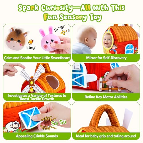 Farm Animal Sensory Toy Set for Babies 6-12 Months - Includes Windmill, Rattle, Crinkle, Mirror & More for Montessori Play