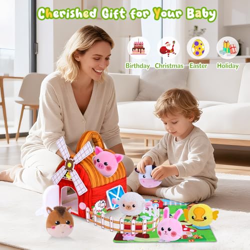 Farm Animal Sensory Toy Set for Babies 6-12 Months - Includes Windmill, Rattle, Crinkle, Mirror & More for Montessori Play