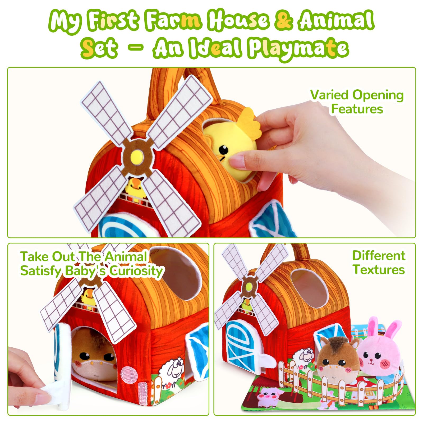 Farm Animal Sensory Toy Set for Babies 6-12 Months - Includes Windmill, Rattle, Crinkle, Mirror & More for Montessori Play