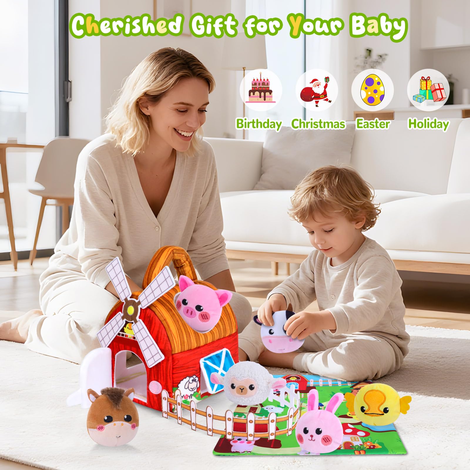 Farm Animal Sensory Toy Set for Babies 6-12 Months - Includes Windmill, Rattle, Crinkle, Mirror & More for Montessori Play
