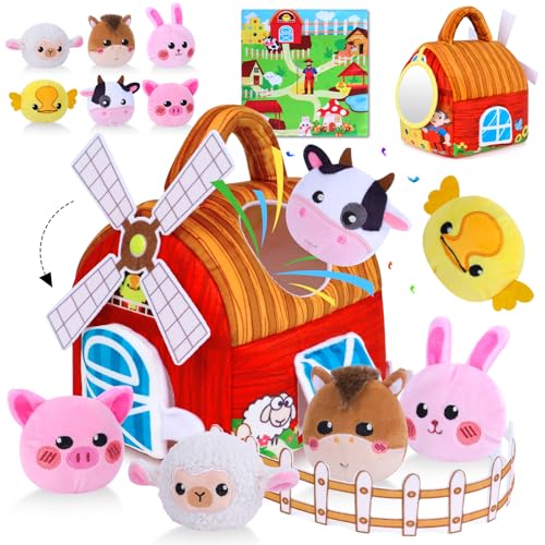 Farm Animal Sensory Toy Set for Babies 6-12 Months - Includes Windmill, Rattle, Crinkle, Mirror & More for Montessori Play