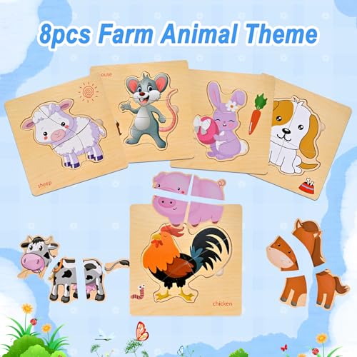 Farm Animal Wooden Puzzles for Toddlers 1-4 - 8-Piece Montessori Jigsaw Set by Faburo