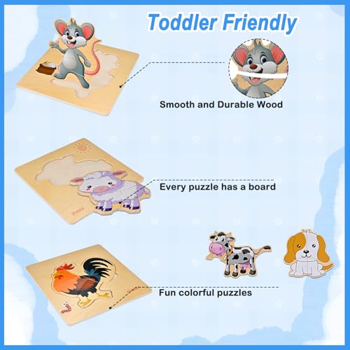 Farm Animal Wooden Puzzles for Toddlers 1-4 - 8-Piece Montessori Jigsaw Set by Faburo