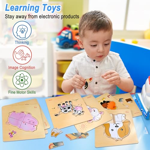 Farm Animal Wooden Puzzles for Toddlers 1-4 - 8-Piece Montessori Jigsaw Set by Faburo