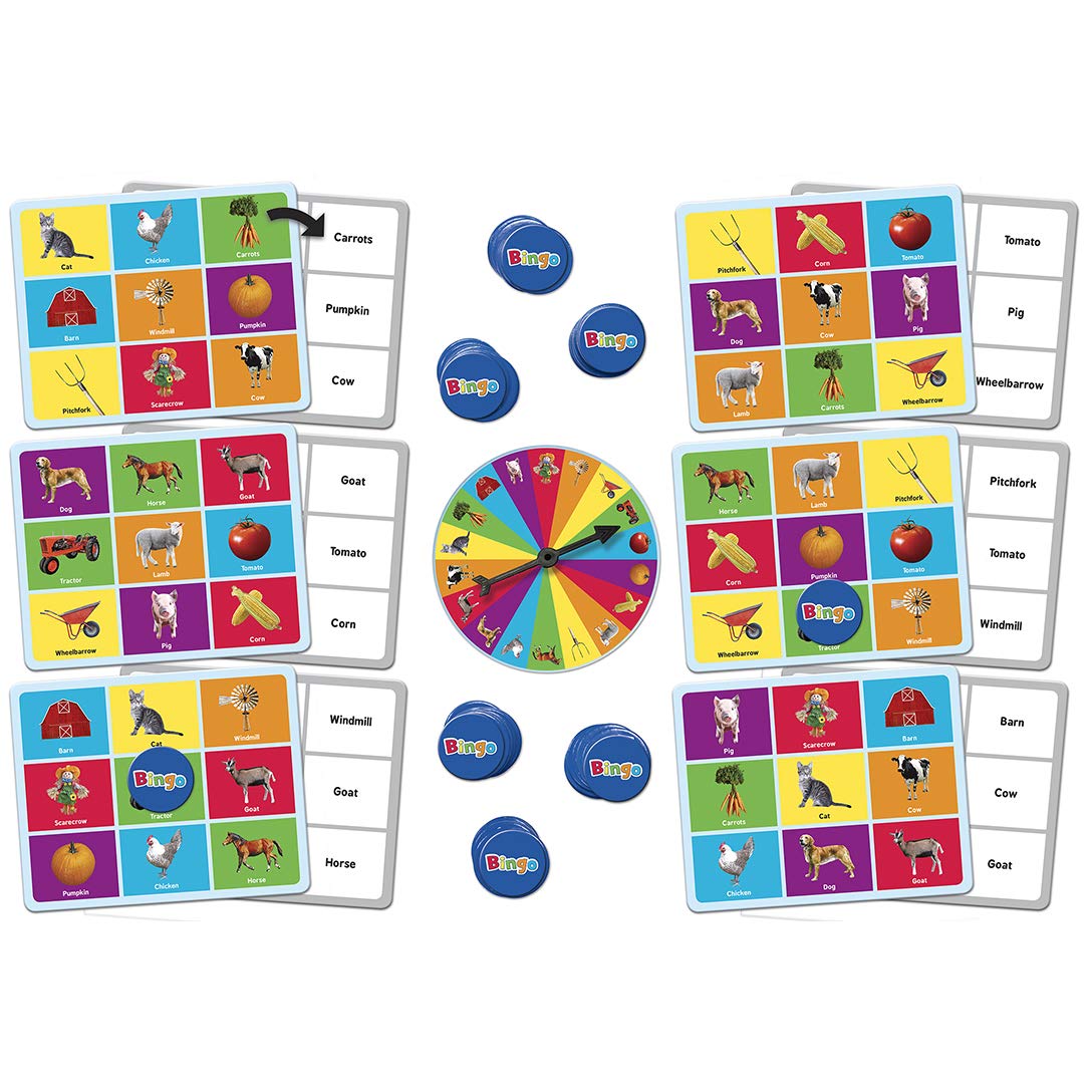 Farm Bingo Game for Kids Ages 3+ – Family Board Game with Spinner, 6 Boards & 60 Tokens