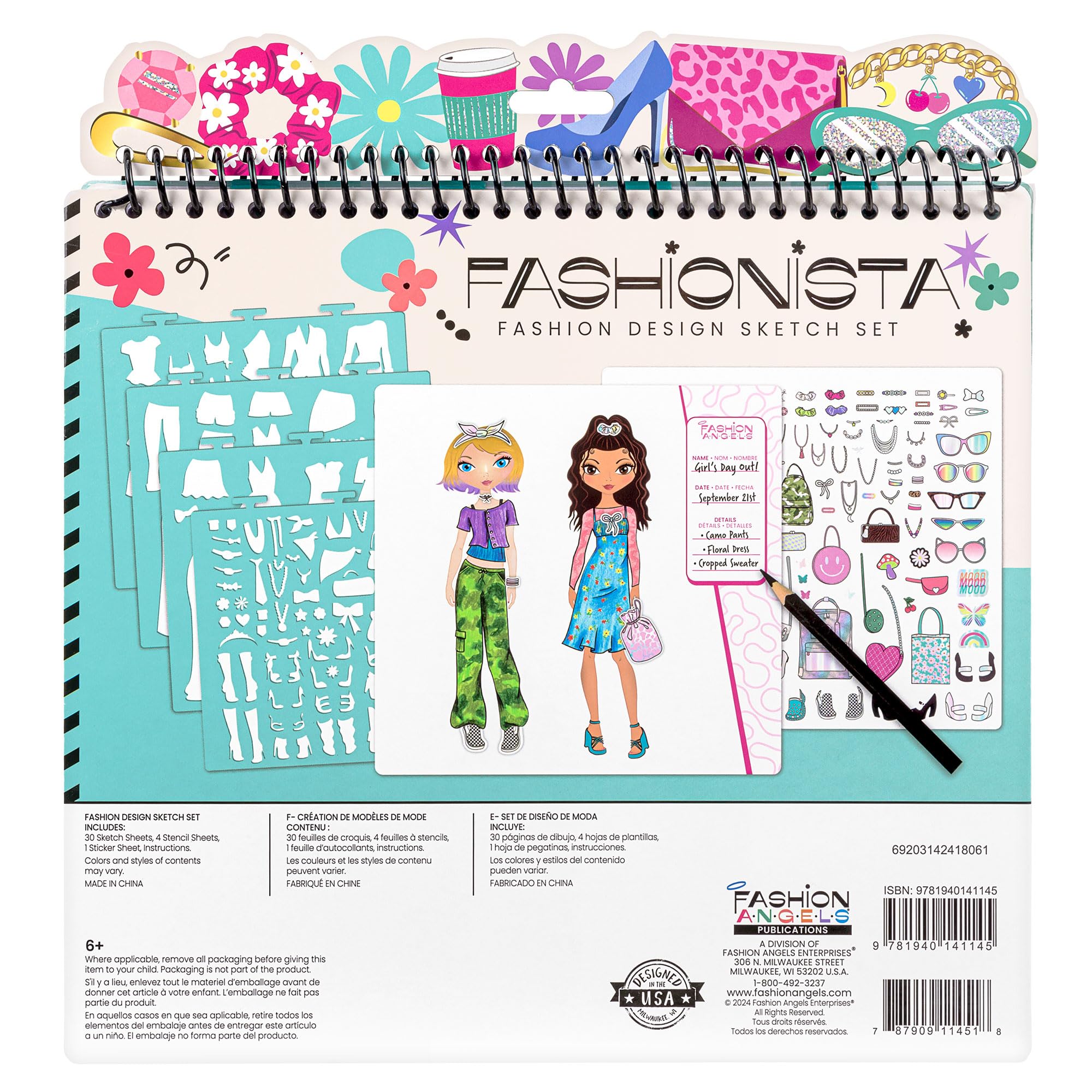 Fashion Angels Fashion Design Sketch Portfolio – 40 Sheets, Stencils & Stickers for Kids Ages 6+