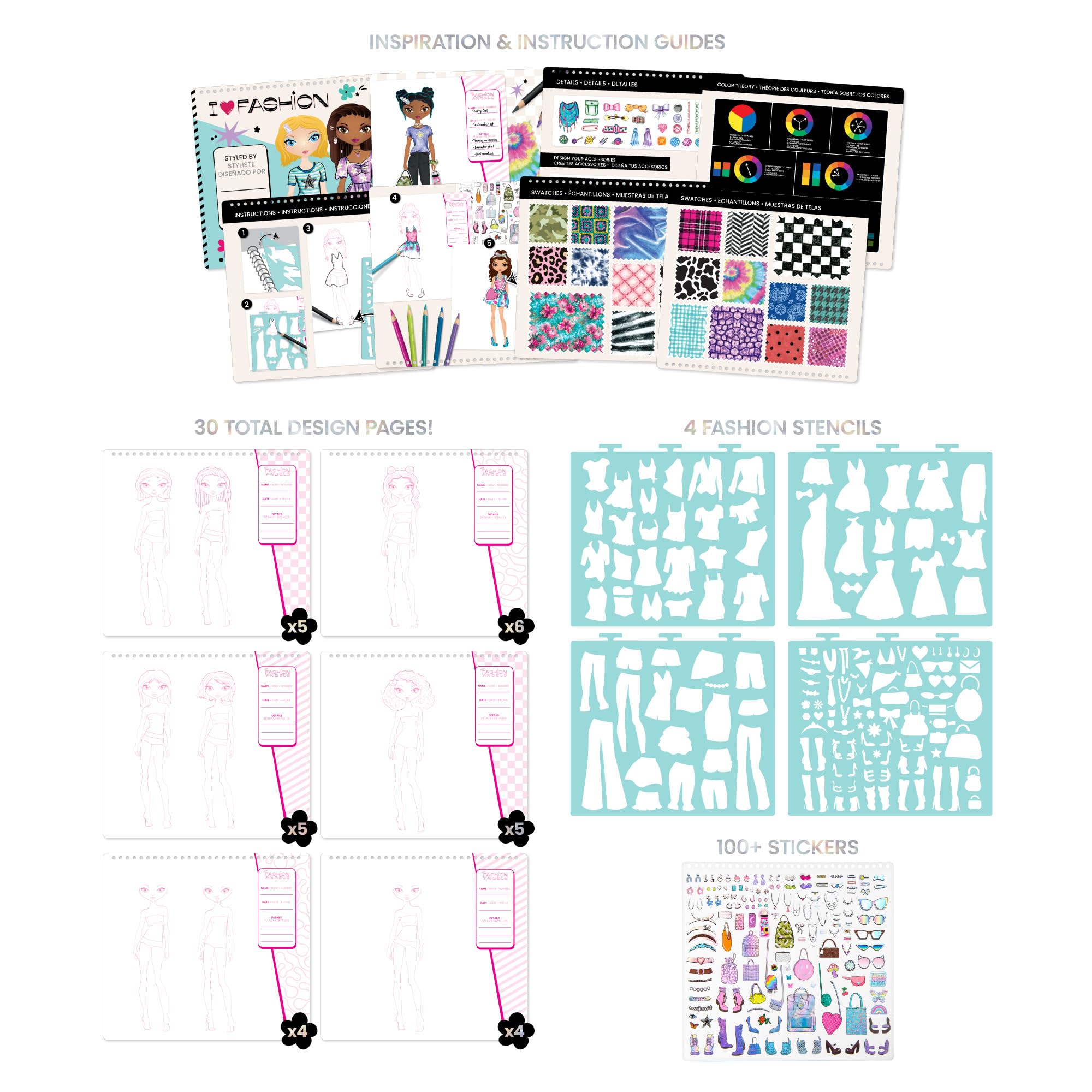 Fashion Angels Fashion Design Sketch Portfolio – 40 Sheets, Stencils & Stickers for Kids Ages 6+