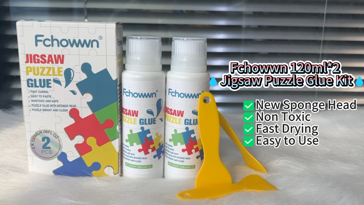 Fchowwn Jigsaw Puzzle Glue – 2 Pack 120ml Non-Toxic PVA Adhesive with Sponge Applicator for Preserving Puzzles