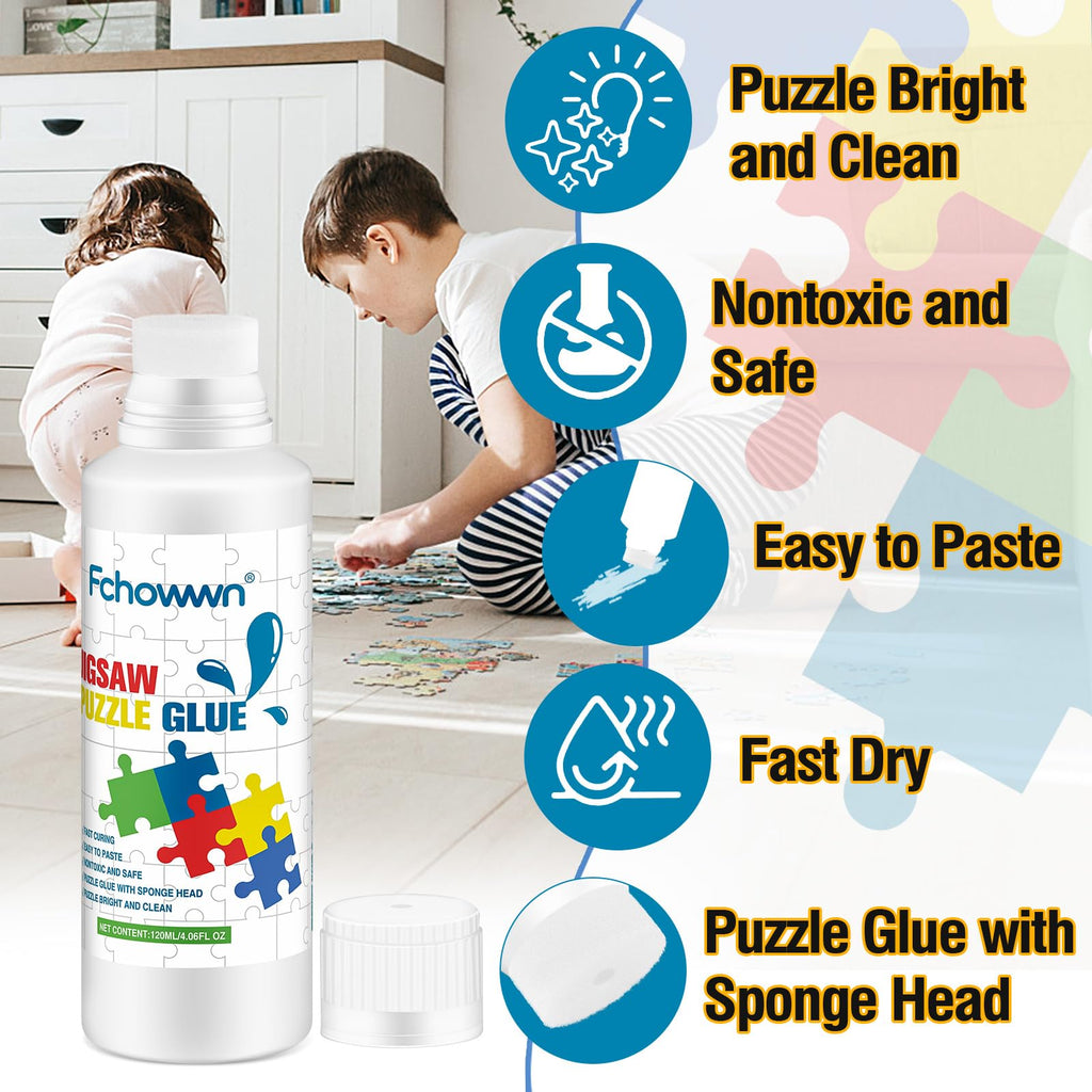 Fchowwn Jigsaw Puzzle Glue – 2 Pack 120ml Non-Toxic PVA Adhesive with Sponge Applicator for Preserving Puzzles