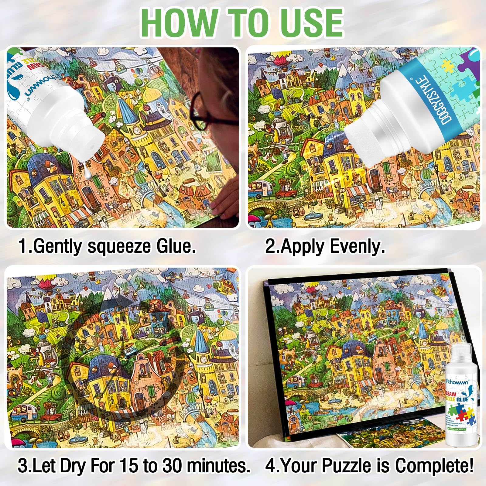 Fchowwn Jigsaw Puzzle Glue – 2 Pack 120ml Non-Toxic PVA Adhesive with Sponge Applicator for Preserving Puzzles
